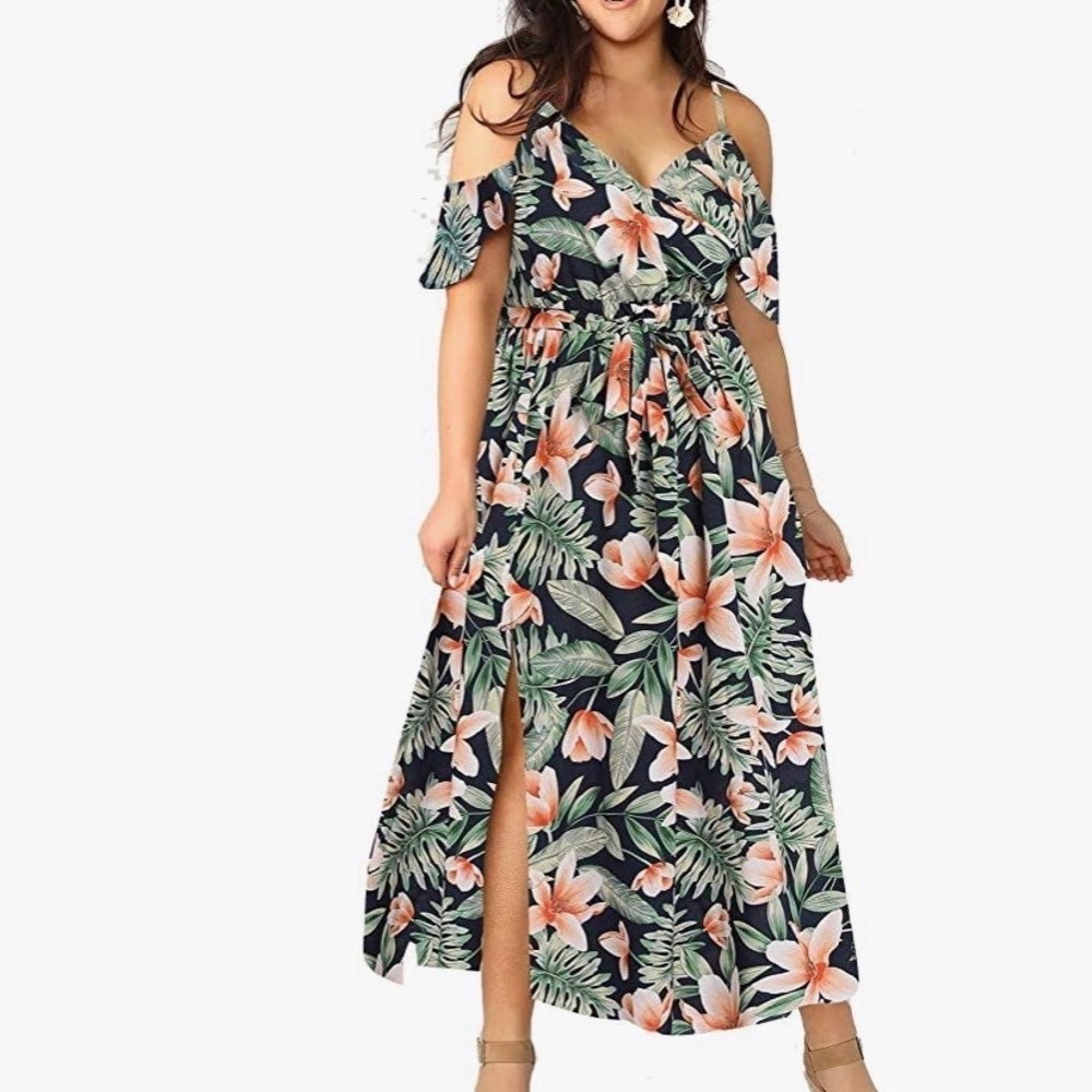 NEW Women Plus 2X Cold Shoulder Floral Maxi Bohemian tropical floral Split Dress